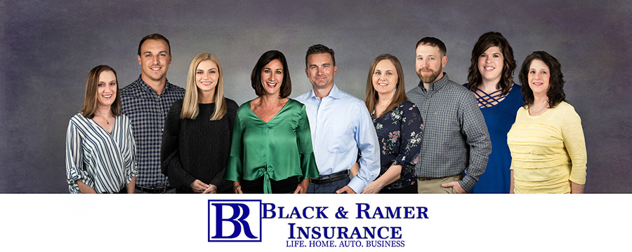 Homepage - Black & Ramer Insurance Team Smiling and Posing Together with the Agency Logo Under Them